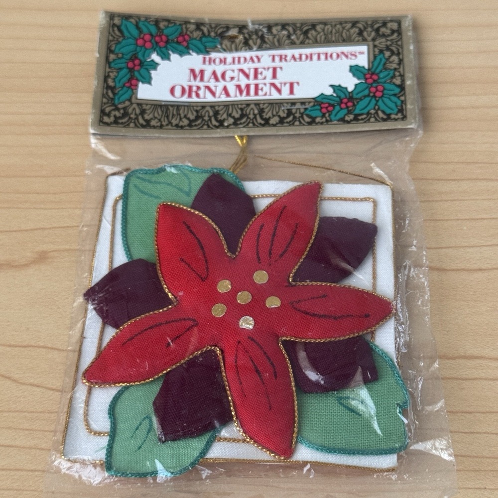 Vintage 90s Kitchen Christmas Ornament Quilted Poinsettia Magnet New Deadstock